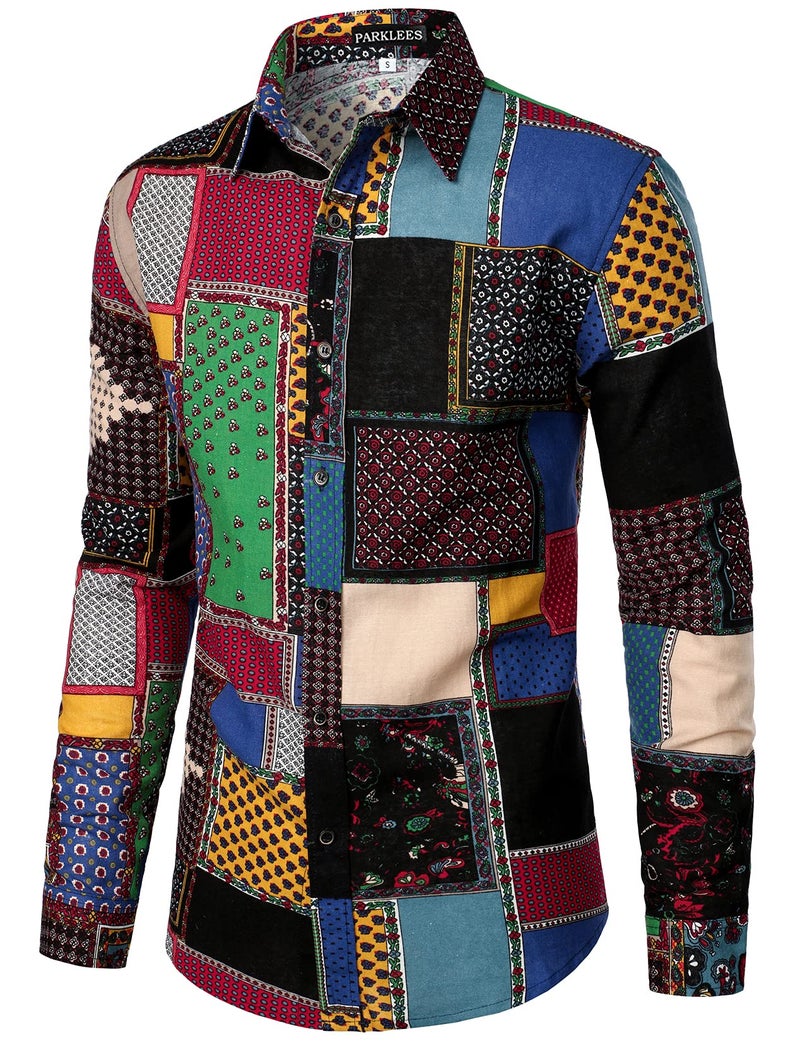 PARKLEES PAKRLEES Men's Linen Stylish African Traditional Pattern Printed Long Sleeve Button up Shirt Black Green XXX-Large - Image 2