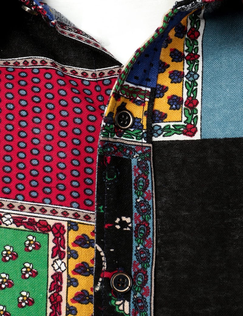 PARKLEES PAKRLEES Men's Linen Stylish African Traditional Pattern Printed Long Sleeve Button up Shirt Black Green XXX-Large - Image 5