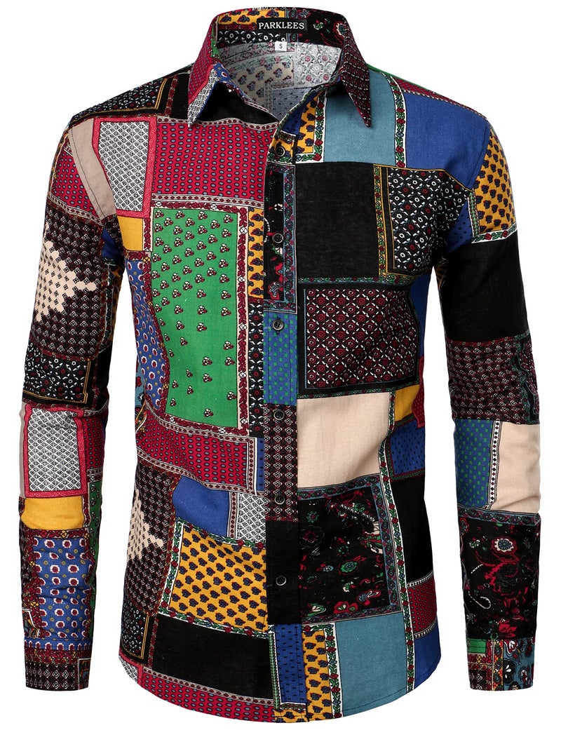 PARKLEES PAKRLEES Men's Linen Stylish African Traditional Pattern Printed Long Sleeve Button up Shirt Black Green XXX-Large - Image 1