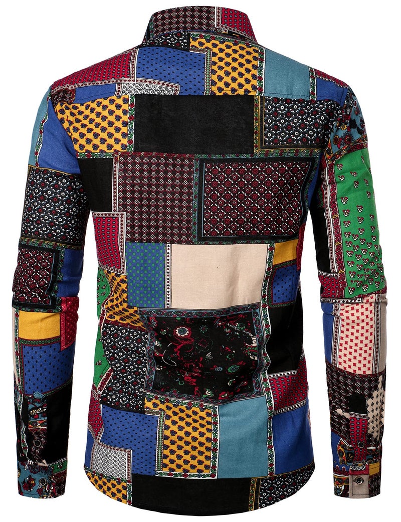 PARKLEES PAKRLEES Men's Linen Stylish African Traditional Pattern Printed Long Sleeve Button up Shirt Black Green XXX-Large - Image 3