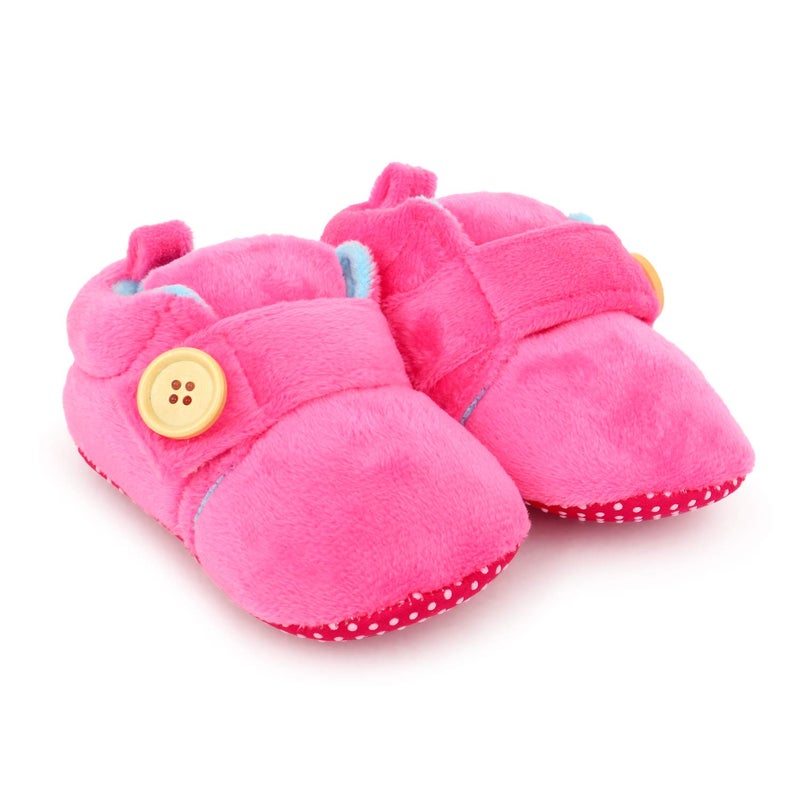 Superminis unisex-baby Dual Color Velvet Soft Base Booties/Shoes With Wooden Button 0-6 Months Pink+Blue - Image 1