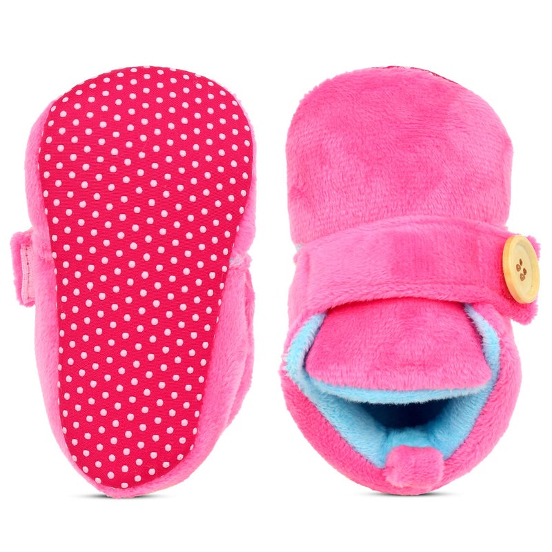 Superminis unisex-baby Dual Color Velvet Soft Base Booties/Shoes With Wooden Button 0-6 Months Pink+Blue - Image 4