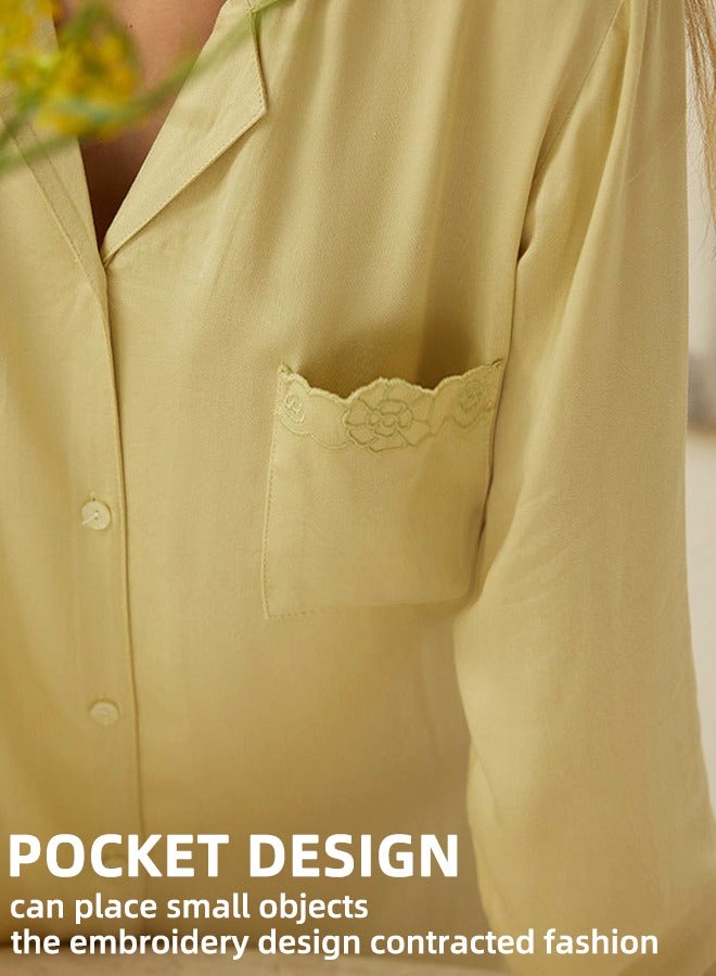 Women's Satin Bohemian Nightgown - Embroidered Pockets And Lapel Nightgown - Art Pocket Embroidered Small Lapel Nightgown - Home (Butterfly Green Color) (Size M) - Image 4