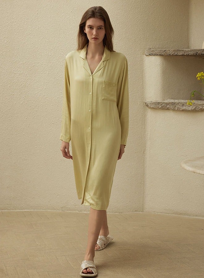 Women's Satin Bohemian Nightgown - Embroidered Pockets And Lapel Nightgown - Art Pocket Embroidered Small Lapel Nightgown - Home (Butterfly Green Color) (Size M) - Image 1