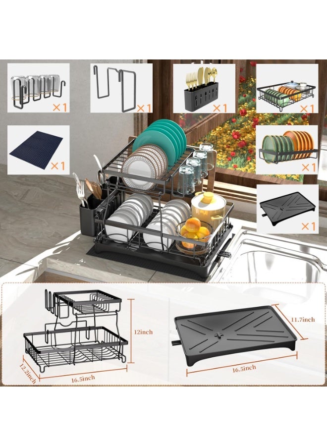 rayze Dish drying rack, 2-tier dish rack, suitable for kitchen countertops, dish rack with drip tray and mat, with cutlery and cup holder. - Image 4