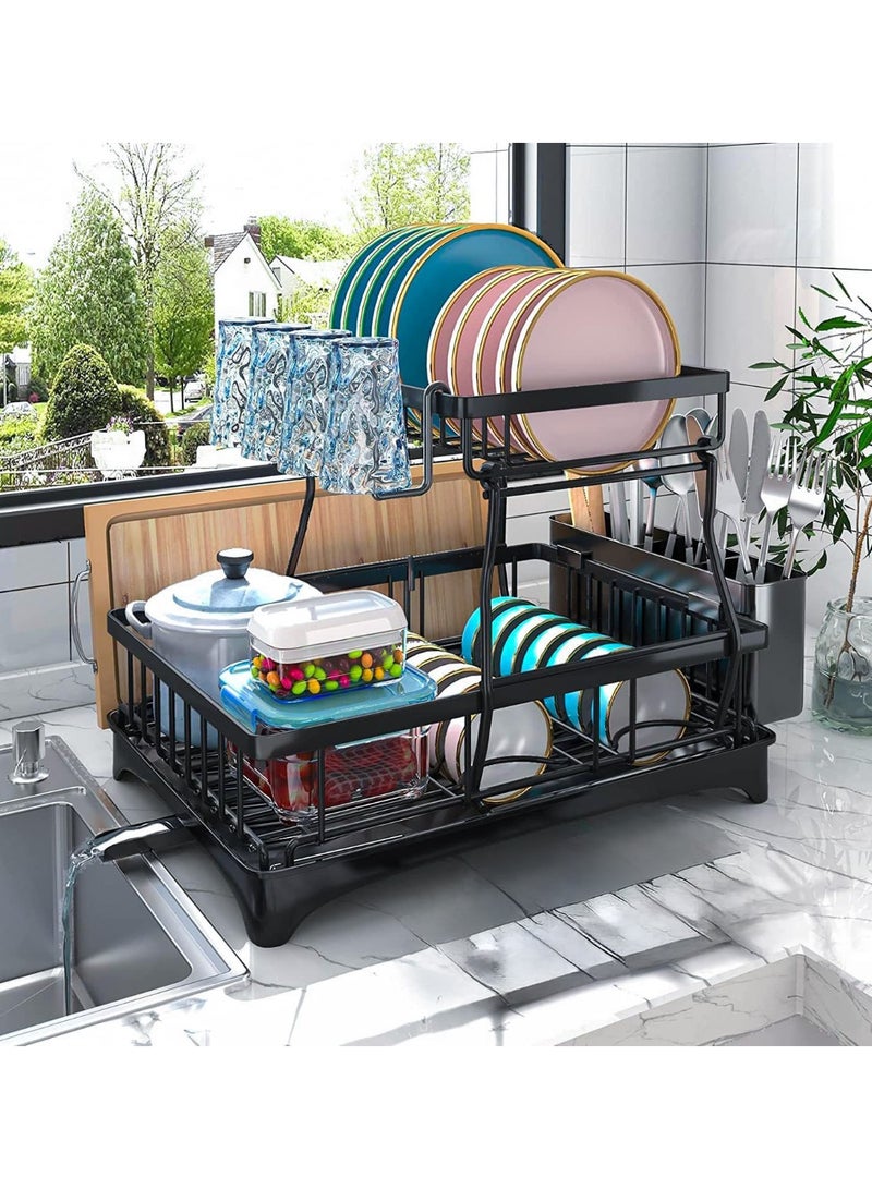rayze Dish drying rack, 2-tier dish rack, suitable for kitchen countertops, dish rack with drip tray and mat, with cutlery and cup holder. - Image 1