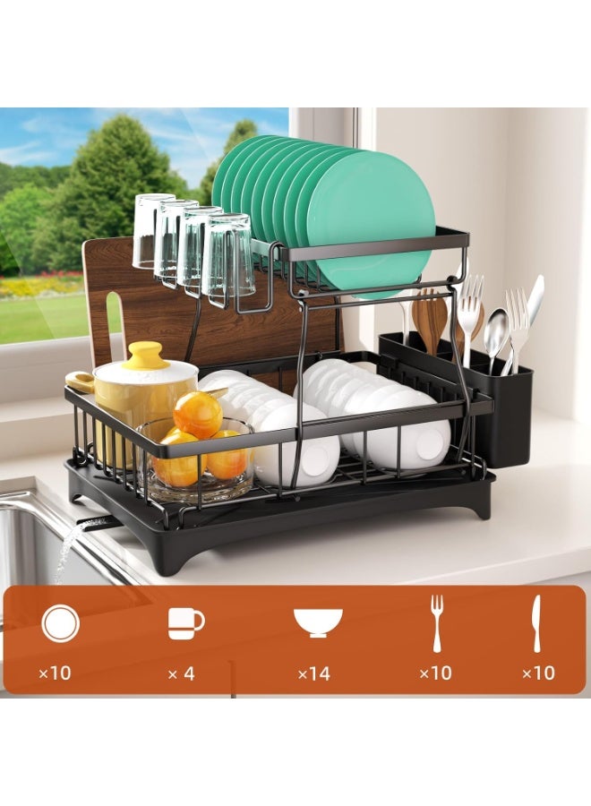rayze Dish drying rack, 2-tier dish rack, suitable for kitchen countertops, dish rack with drip tray and mat, with cutlery and cup holder. - Image 2