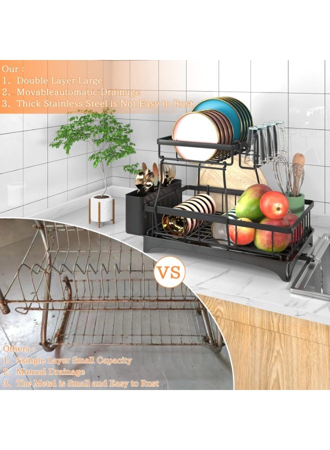 rayze Dish drying rack, 2-tier dish rack, suitable for kitchen countertops, dish rack with drip tray and mat, with cutlery and cup holder. - Image 5