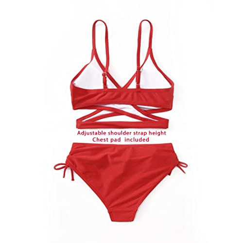 MIENOE Teen Girls' Swimsuits Two-Piece V-Neck Bikini Swimsuit Solid Color Adjustable Shoulder Straps Swimsuit Kids Red Bikini (Size 12-14Years) - Image 3