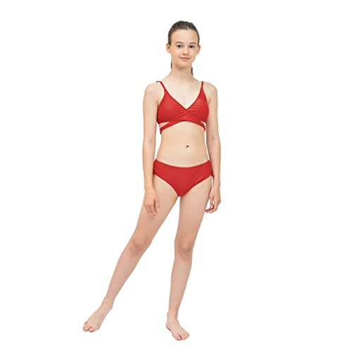 MIENOE Teen Girls' Swimsuits Two-Piece V-Neck Bikini Swimsuit Solid Color Adjustable Shoulder Straps Swimsuit Kids Red Bikini (Size 12-14Years) - Image 2