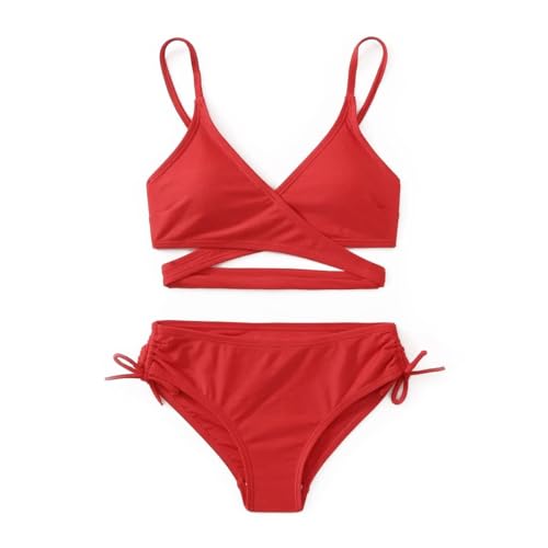 MIENOE Teen Girls' Swimsuits Two-Piece V-Neck Bikini Swimsuit Solid Color Adjustable Shoulder Straps Swimsuit Kids Red Bikini (Size 12-14Years) - Image 1