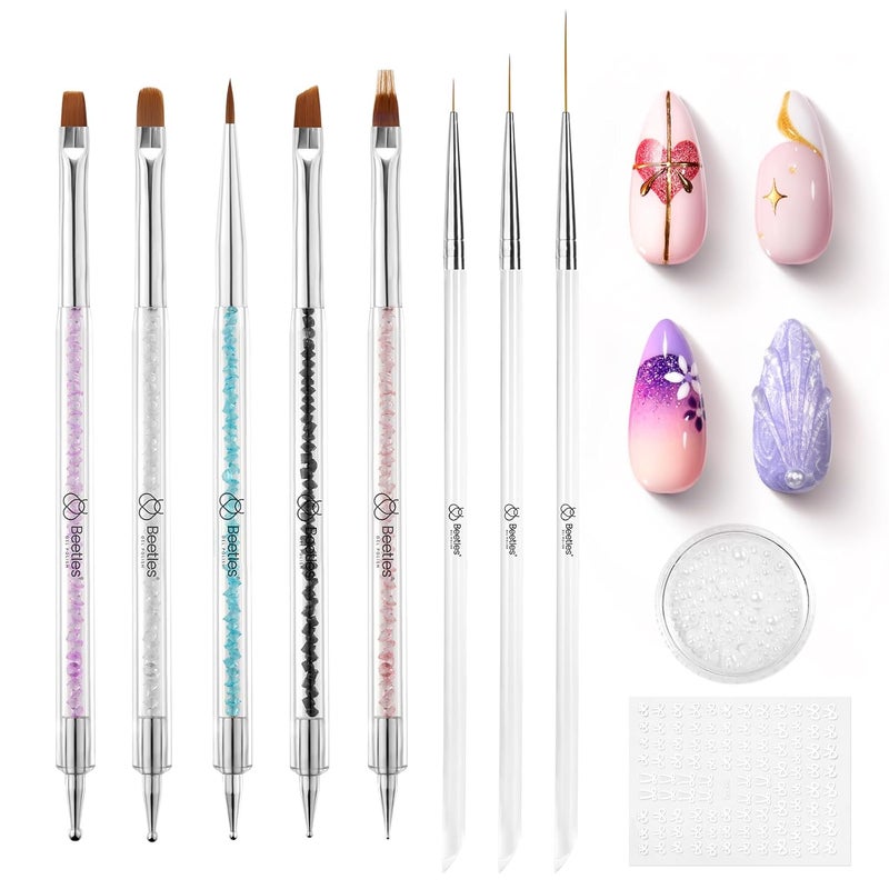 beetles Gel Polish Beetles Nail Art Brushes 8pcs Doubleheaded Nail Art Tool Set Nail Dotting Tools Striping Nail Art Brushes for Lines Nail Drawing Pen with Bow knot Stickers Gift for Women 