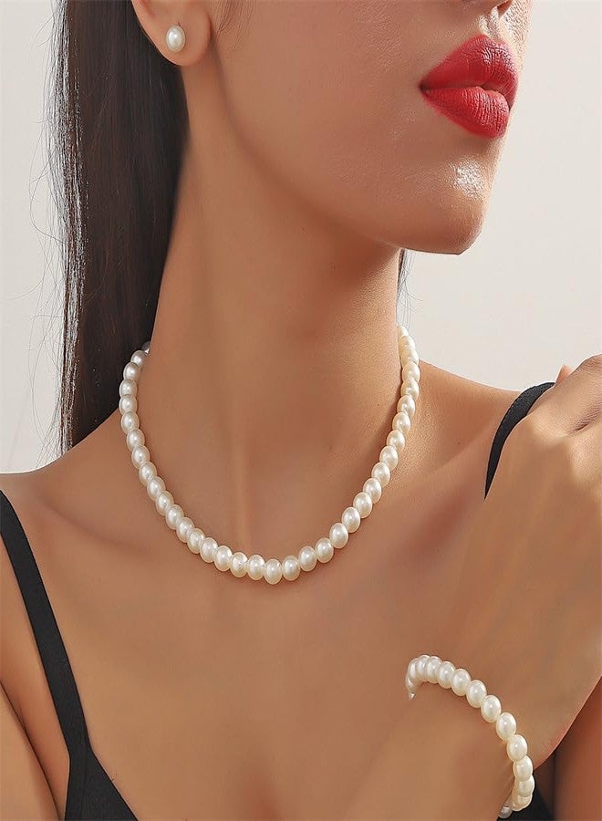 CSIYANJRY99 Pearl Necklace & Earring Set - Faux Pearl Prom Jewelry: Imitation Beaded Pearl Bracelet & Stud Earrings (WhitePearl) - Image 2