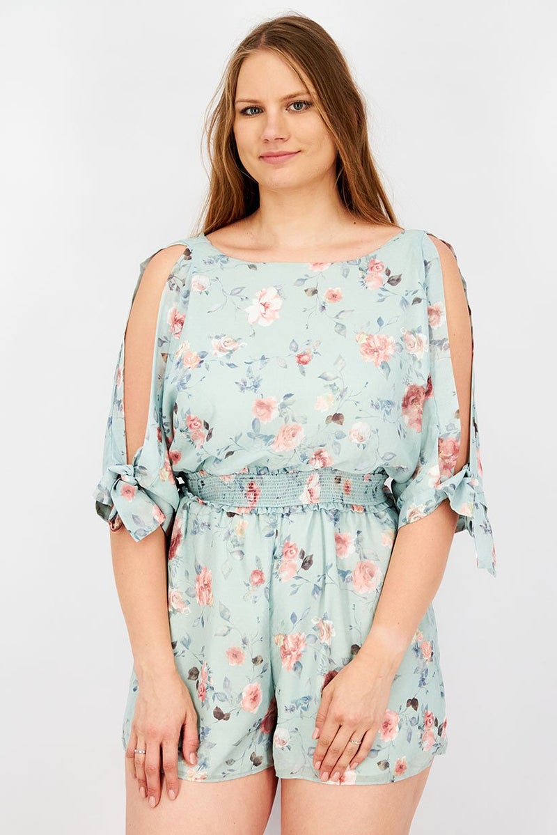VERO MODA Women Floral Print Tie Sleeves Playsuit, Light Green Combo  - Image 1