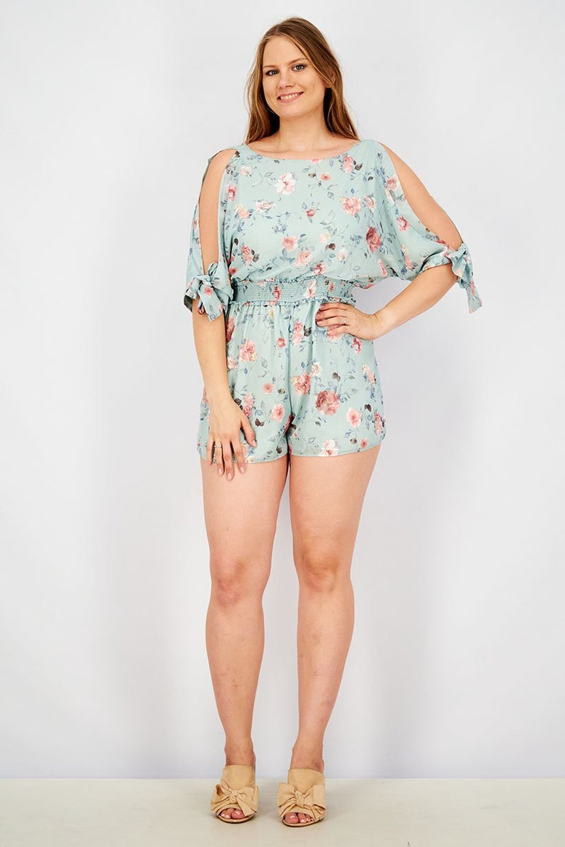 VERO MODA Women Floral Print Tie Sleeves Playsuit, Light Green Combo  - Image 3