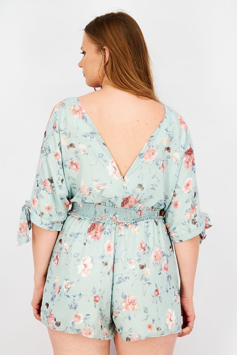VERO MODA Women Floral Print Tie Sleeves Playsuit, Light Green Combo  - Image 2