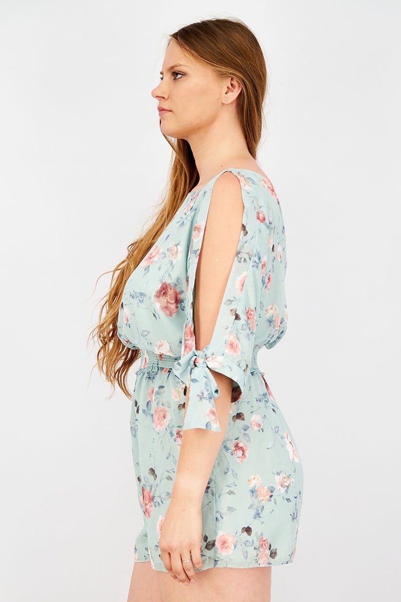 VERO MODA Women Floral Print Tie Sleeves Playsuit, Light Green Combo  - Image 4