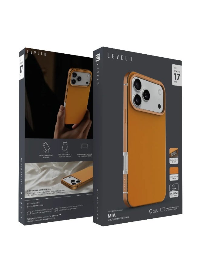 LEVELO iPhone 17 Pro Mia MagSafe Case with Matte Silicone Texture & Shock-Resistant Bumper / Anti-Fingerprint & Non-Slip Texture / Aluminum Alloy Frame for Camera & Edges / Frosted Clear Design - Orange - Image 3