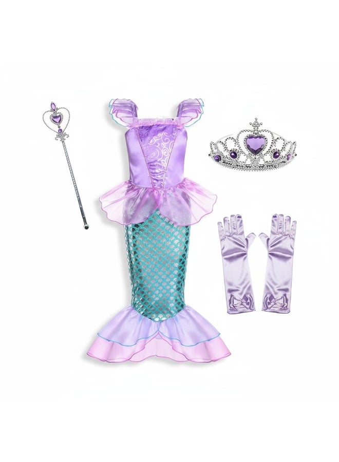 Y&D فستان أميرة حورية البحر للفتيات الصغيرات لحفلات عيد الميلاد وهالوين وكوسبلاي مع قفازات وتاج وعصا 6-7 سنوات - Image 1