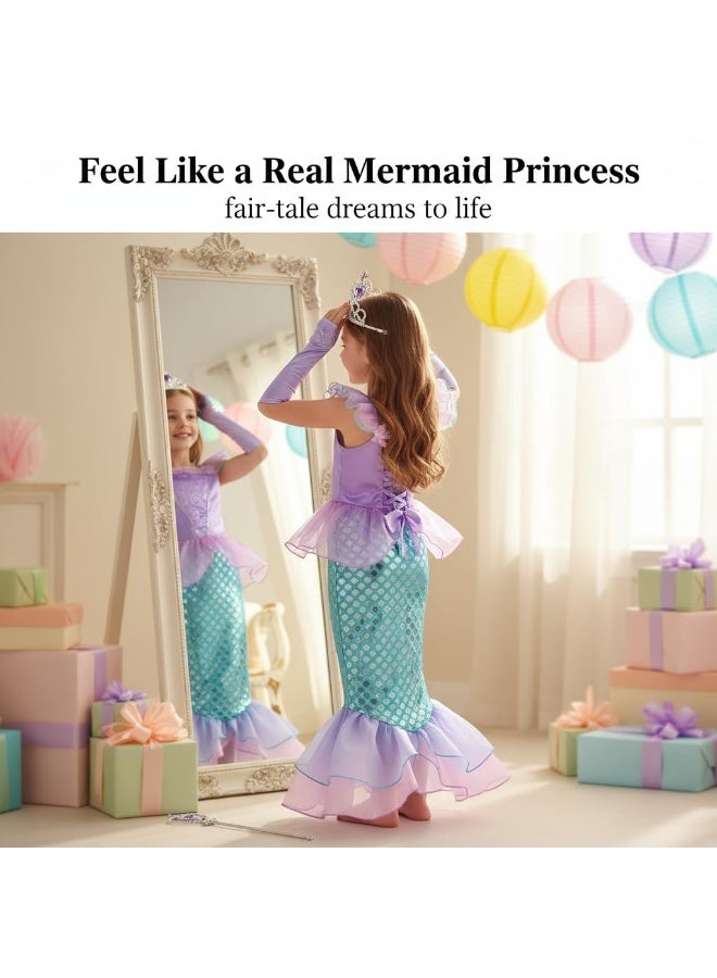 Y&D فستان أميرة حورية البحر للفتيات الصغيرات لحفلات عيد الميلاد وهالوين وكوسبلاي مع قفازات وتاج وعصا 6-7 سنوات - Image 3