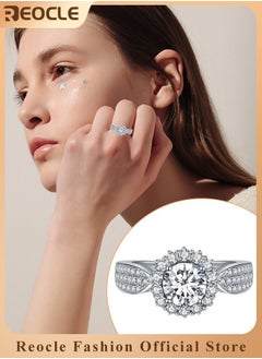 REOCLE Women's Zircon Ring Adjustable Silver Open Engagement Ring with White Gold Plated 3 Rows & Round Cut Diamond Best Jewelry Gifts for Marriage Anniversary & Birthday  - Image 1