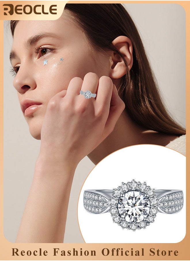 REOCLE - Women's Zircon Ring Adjustable Silver Open Engagement Ring with White Gold Plated 3 Rows & Round Cut Diamond Best Jewelry Gifts for Marriage Anniversary & Birthday - Image 1