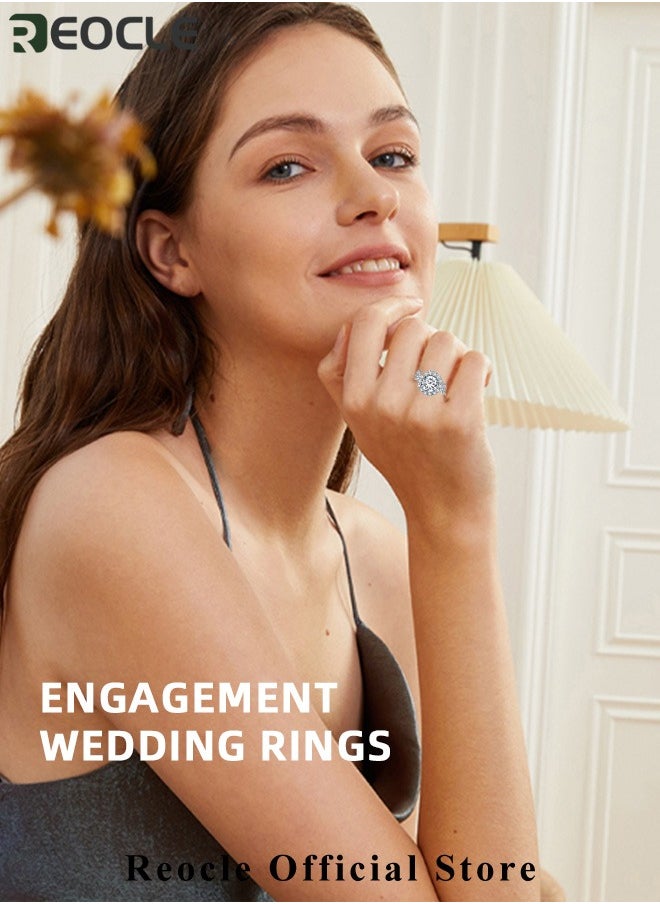 REOCLE - Women's Zircon Ring Adjustable Silver Open Engagement Ring with White Gold Plated 3 Rows & Round Cut Diamond Best Jewelry Gifts for Marriage Anniversary & Birthday - Image 1