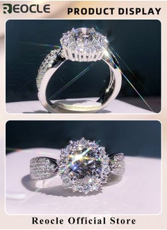 REOCLE Women's Zircon Ring Adjustable Silver Open Engagement Ring with White Gold Plated 3 Rows & Round Cut Diamond Best Jewelry Gifts for Marriage Anniversary & Birthday  - Image 4