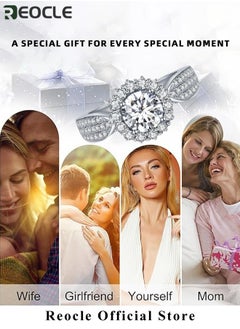 REOCLE Women's Zircon Ring Adjustable Silver Open Engagement Ring with White Gold Plated 3 Rows & Round Cut Diamond Best Jewelry Gifts for Marriage Anniversary & Birthday  - Image 5