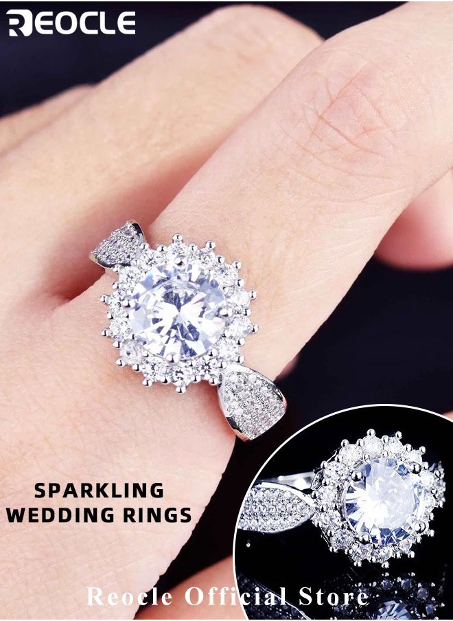 REOCLE - Women's Zircon Ring Adjustable Silver Open Engagement Ring with White Gold Plated 3 Rows & Round Cut Diamond Best Jewelry Gifts for Marriage Anniversary & Birthday - Image 1