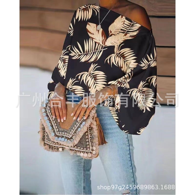 Spot manufacturers in Europe and the United States cross-border spring, autumn and winter New printed ladies pullover Cape loose strapless Cape shawl Black