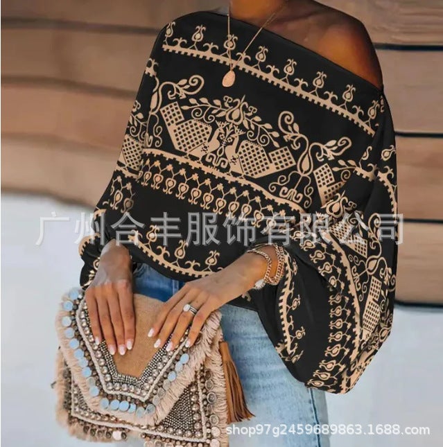 Spot manufacturers in Europe and the United States cross-border spring, autumn and winter New printed ladies pullover Cape loose strapless Cape shawl Black
