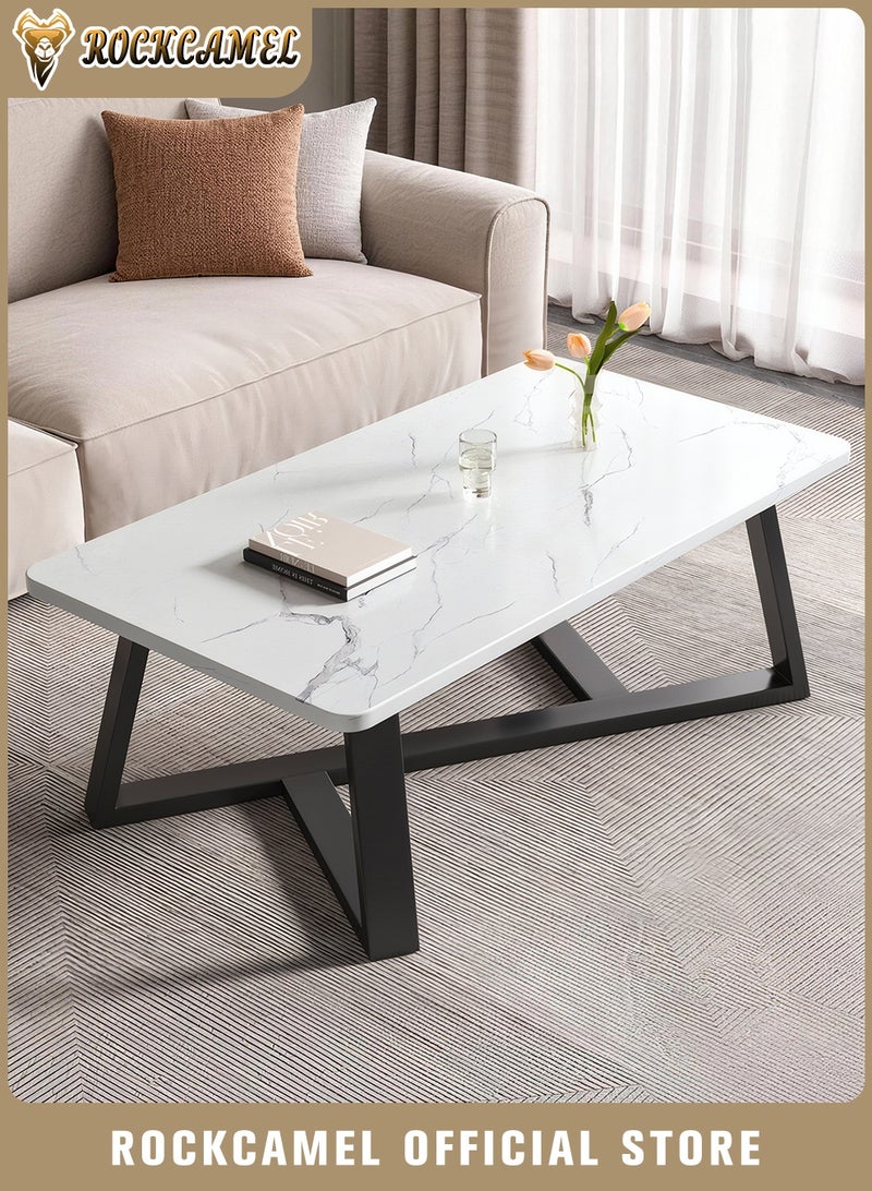ROCKCAMEL Modern Rectangular Coffee Table, Stylish End Table / Side Table with Marble-Textured Top & Sturdy Carbon Steel Frame, Modern Tea Table for Bedroom, Living Room, Balcony, Easy to Assemble (White, 80 * 40 * 43cm) - Image 1