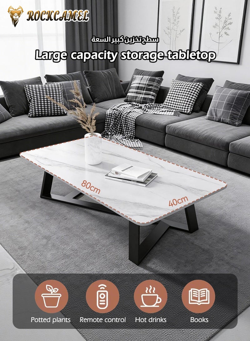 ROCKCAMEL Modern Rectangular Coffee Table, Stylish End Table / Side Table with Marble-Textured Top & Sturdy Carbon Steel Frame, Modern Tea Table for Bedroom, Living Room, Balcony, Easy to Assemble (White, 80 * 40 * 43cm) - Image 2