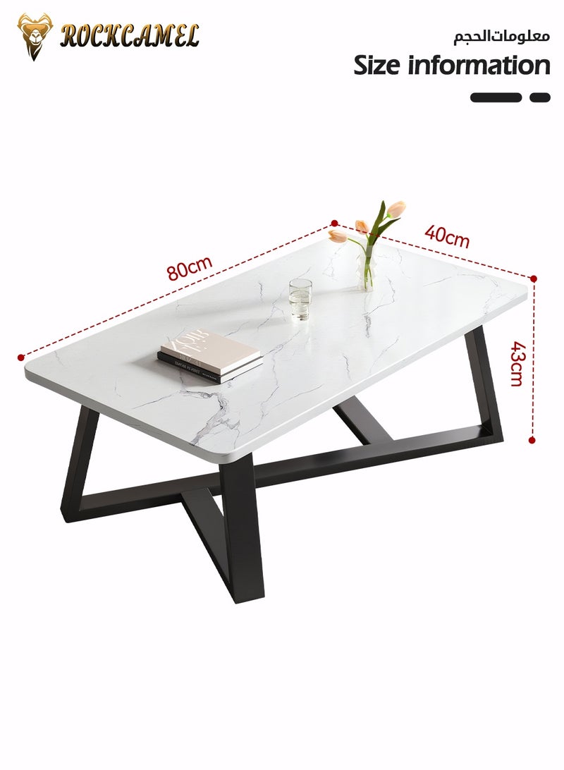 ROCKCAMEL Modern Rectangular Coffee Table, Stylish End Table / Side Table with Marble-Textured Top & Sturdy Carbon Steel Frame, Modern Tea Table for Bedroom, Living Room, Balcony, Easy to Assemble (White, 80 * 40 * 43cm) - Image 3