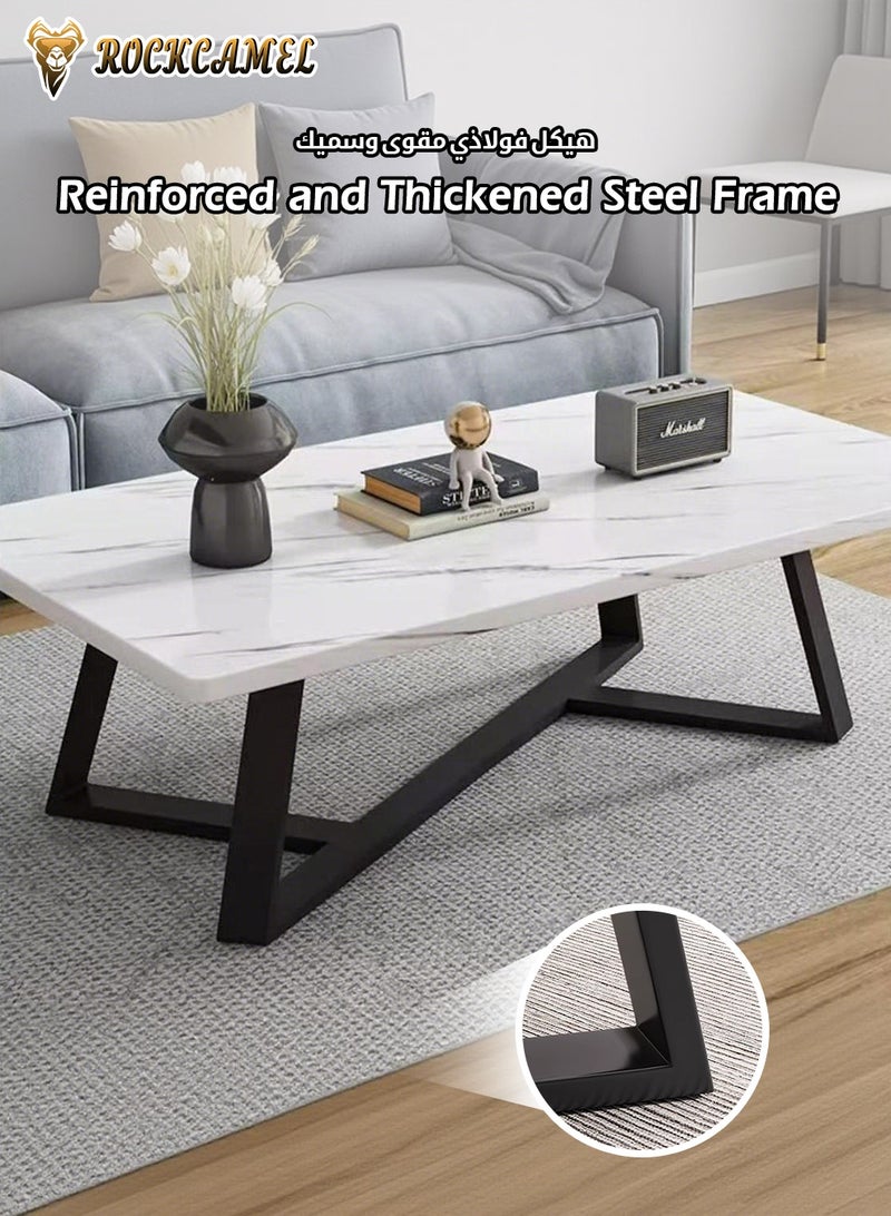 ROCKCAMEL Modern Rectangular Coffee Table, Stylish End Table / Side Table with Marble-Textured Top & Sturdy Carbon Steel Frame, Modern Tea Table for Bedroom, Living Room, Balcony, Easy to Assemble (White, 80 * 40 * 43cm) - Image 4