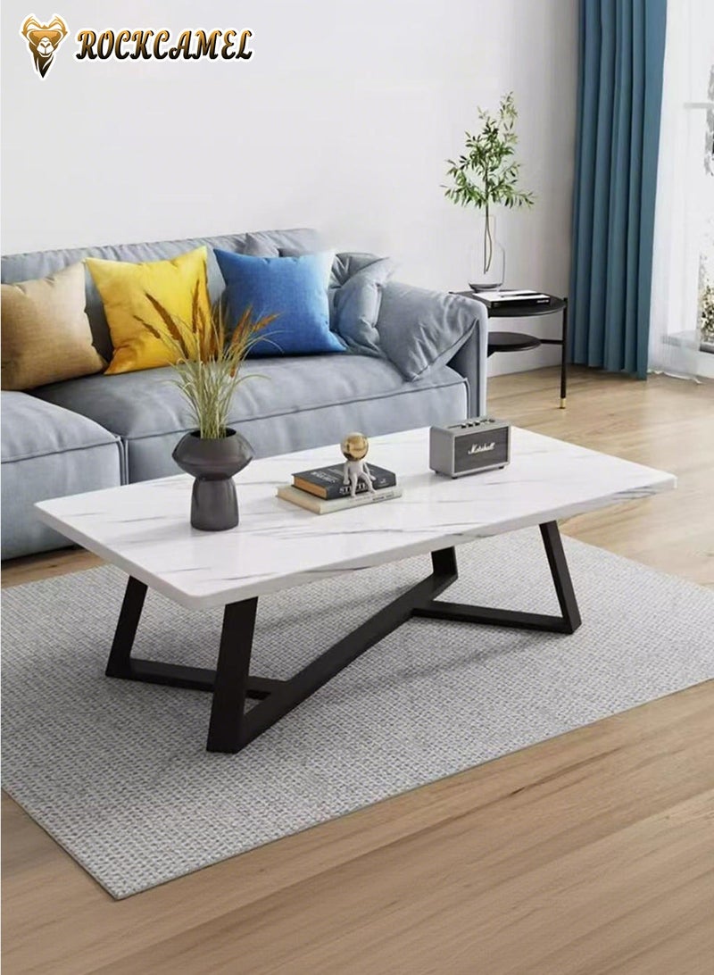 ROCKCAMEL Modern Rectangular Coffee Table, Stylish End Table / Side Table with Marble-Textured Top & Sturdy Carbon Steel Frame, Modern Tea Table for Bedroom, Living Room, Balcony, Easy to Assemble (White, 80 * 40 * 43cm) - Image 5