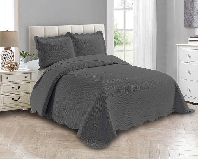LUXURY OVERSIZED COVERLET EMBOSSED BEDSPREAD SET SOLID CHARCOAL KINGCALIFORNIA KING BED COVER NEW ASHLEY