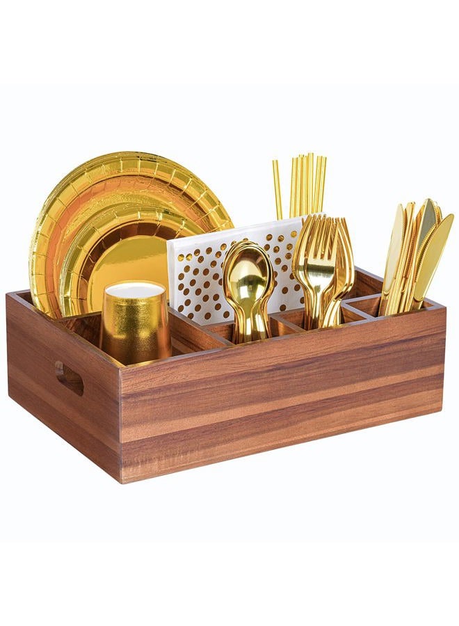 Eleckey Paper Plate Dispenser for Kitchen Counter, Acacia Wood Utensil Holder Organizer for Party - Image 1
