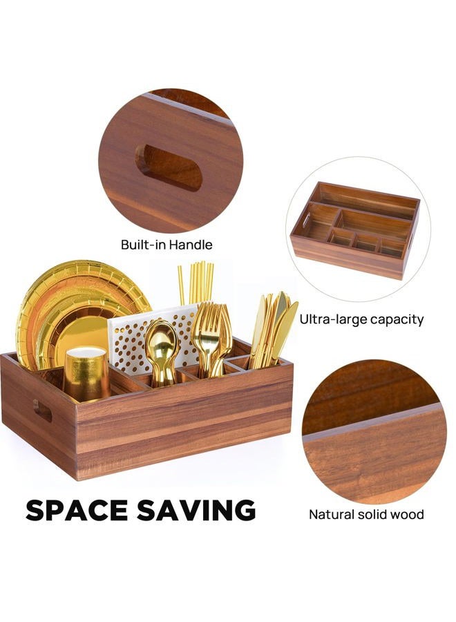 Eleckey Paper Plate Dispenser for Kitchen Counter, Acacia Wood Utensil Holder Organizer for Party - Image 4