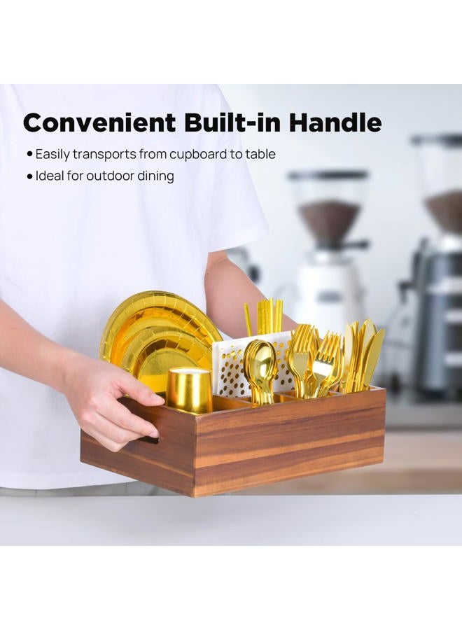 Eleckey Paper Plate Dispenser for Kitchen Counter, Acacia Wood Utensil Holder Organizer for Party - Image 3