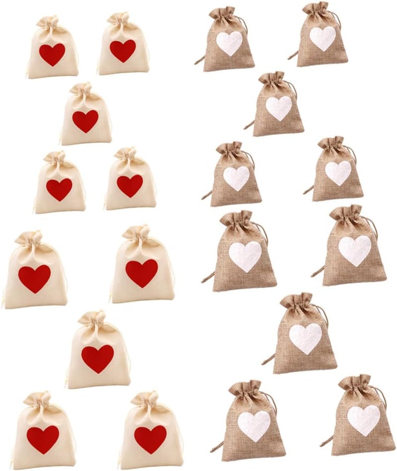 VERDANVERSE 20pcs Heart Pattern Burlap Bags Small Bags Wedding Candy Packaging Pouch Drawstring Closure Creative Candy Wrapping for Party Favor and Holiday Celebration - Image 1