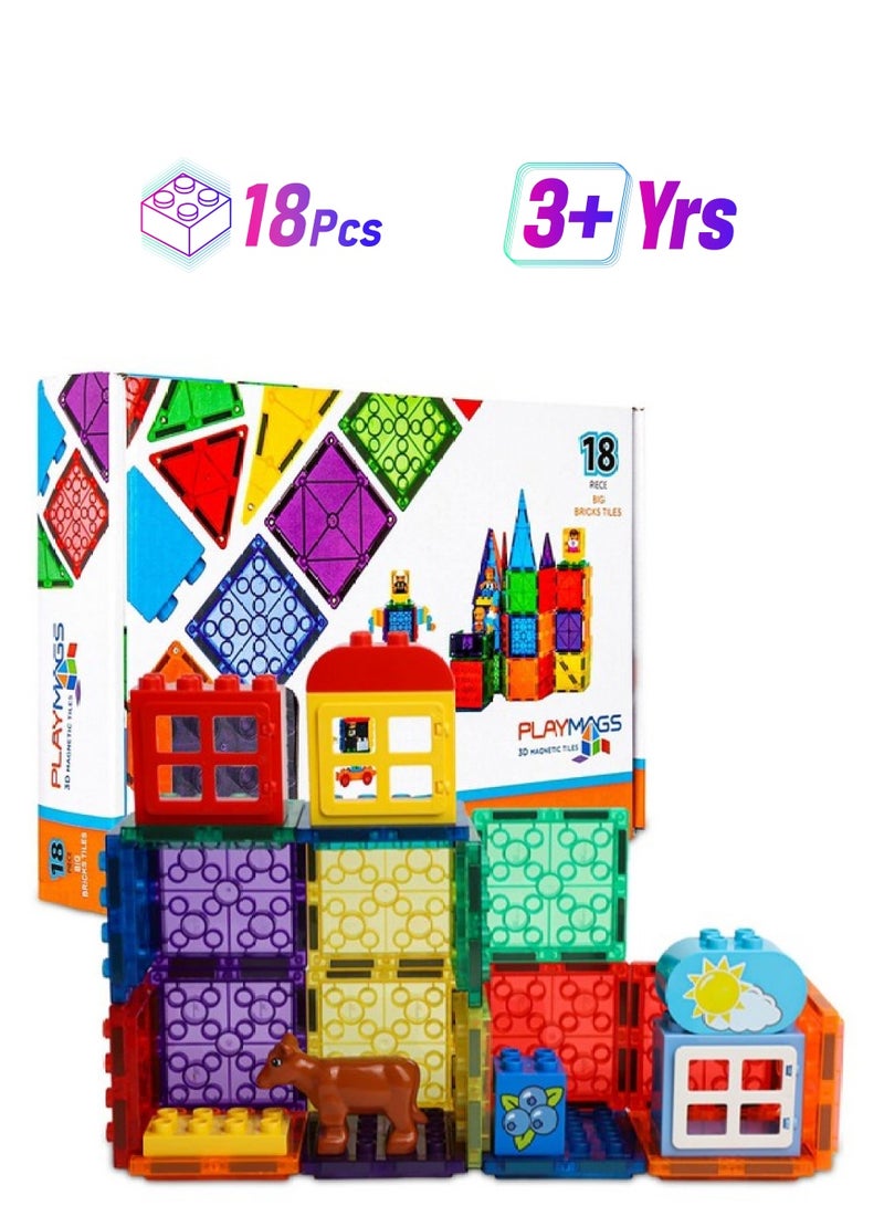 Playmags Magnetic Tiles 18Pcs Magnetic Building Bricks Exclusive Magnetic Blocks Skill Development Ages 3+ (Big Bricks Tiles) - Image 1
