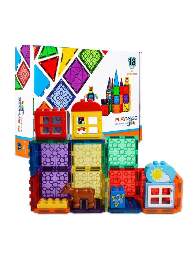 Playmags Magnetic Tiles 18Pcs Magnetic Building Bricks Exclusive Magnetic Blocks Skill Development Ages 3+ (Big Bricks Tiles) - Image 2