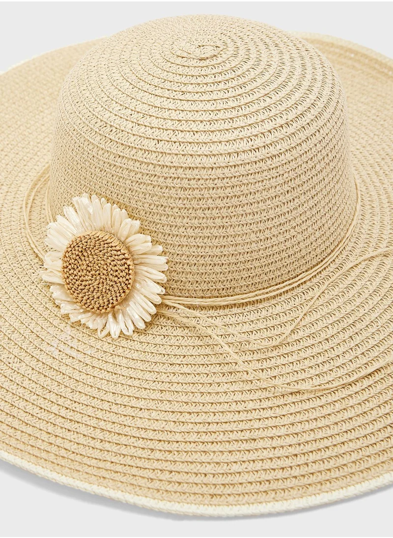 ELLA Floral Detail Wide Brim Straw Hat