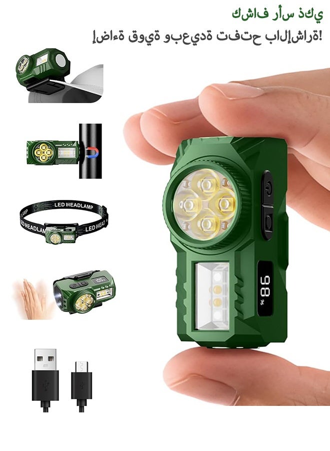 SUNDAREE مصباح رأس قابل لإعادة الشحن بمنفذ USB-C للبالغين والأطفال - مشبك مغناطيسي، مستشعر حركة، 4 مصابيح LED/COB فائقة السطوع بإضاءة بيضاء/حمراء، مقاوم للماء IPX4 للتخييم والجري وصيد الأسماك ومعدات الهواء الطلق (أخضر). - Image 1