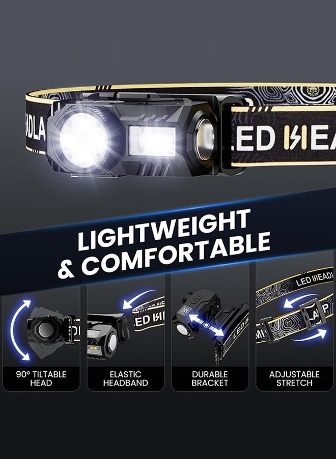 SUNDAREE مصباح رأس قابل لإعادة الشحن بمنفذ USB-C للبالغين والأطفال - مشبك مغناطيسي، مستشعر حركة، 4 مصابيح LED/COB فائقة السطوع بإضاءة بيضاء/حمراء، مقاوم للماء IPX4 للتخييم والجري وصيد الأسماك ومعدات الهواء الطلق (أخضر). - Image 2
