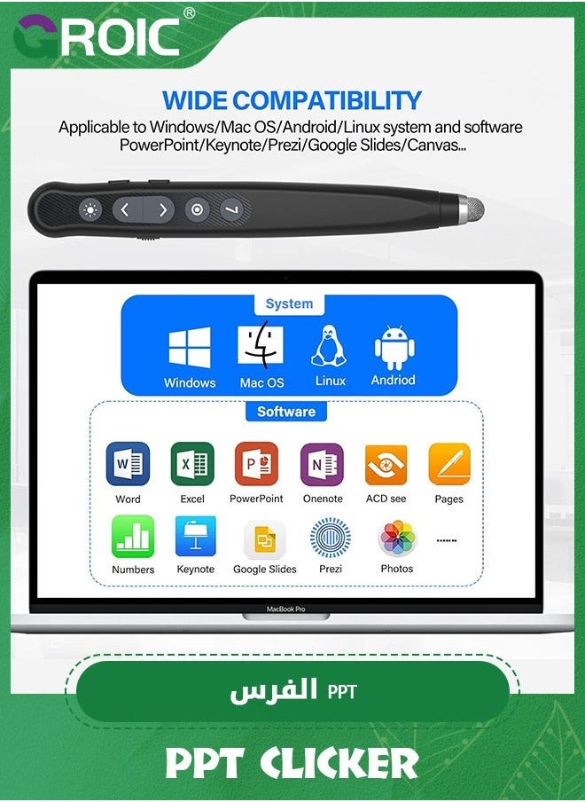 GROIC - Presentation Clicker with Laser Pointer Stylus Pen for Touch Screen, Rechargeable Wireless Presenter Remote, RF USB PowerPoint Slide Advancer Hyperlink Volume Control Mac PC - Image 1