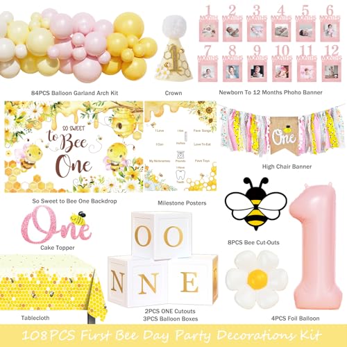 Fiesec First Bee Day Decorations Girl 108PCs Honey Bee Themed 1st Birthday Party Supplies with So Sweet to Bee One Backdrop Banner Pink Yellow Balloon Garland Kit Tablecloth - Image 5