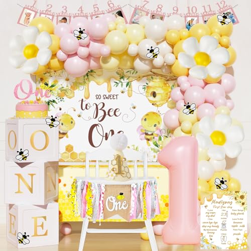 Fiesec First Bee Day Decorations Girl 108PCs Honey Bee Themed 1st Birthday Party Supplies with So Sweet to Bee One Backdrop Banner Pink Yellow Balloon Garland Kit Tablecloth - Image 1